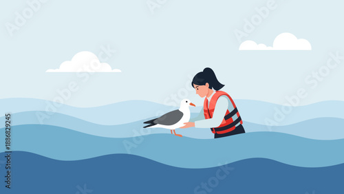 Rescuer With Life Jacket Holding Injured Seagull On The Sea Surface