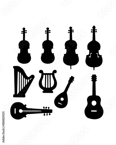Global String Instrument Silhouette Set – Violins, Harp, Banjo, Mandolin