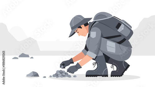 Researcher Collecting Geological Samples In a Rocky Landscape For Analysis