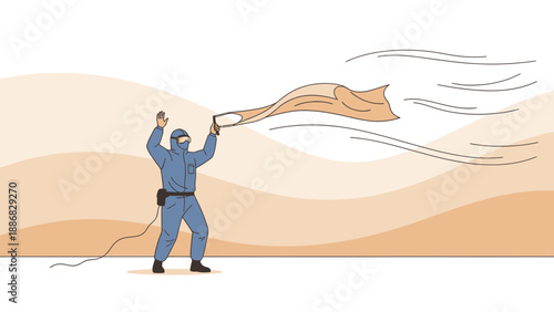 Researcher Measures Wind Speed With Anemometer Wearing Protective Suit In Desert