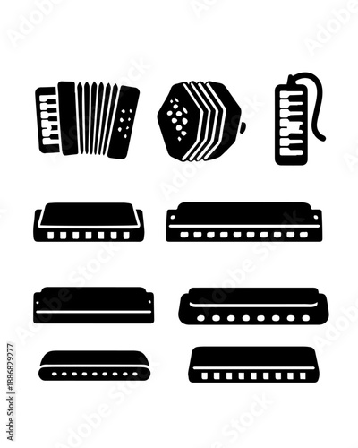 Free-Reed Wind Instrument Silhouette Set – Accordion, Melodica, Harmonica Variants