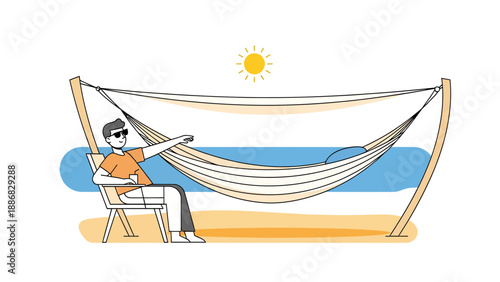 Relaxed Afternoon: Man Enjoying Leisure Time Near Hammock And Sunny Beach