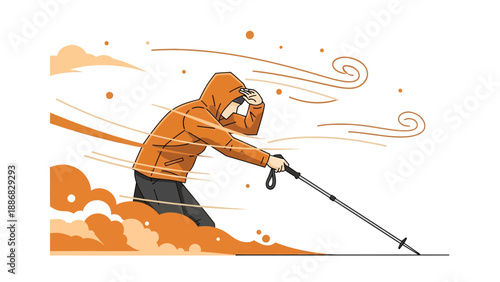 Resilient Hiker Battling Harsh Winds On Mountain Trail In Illustrated Style