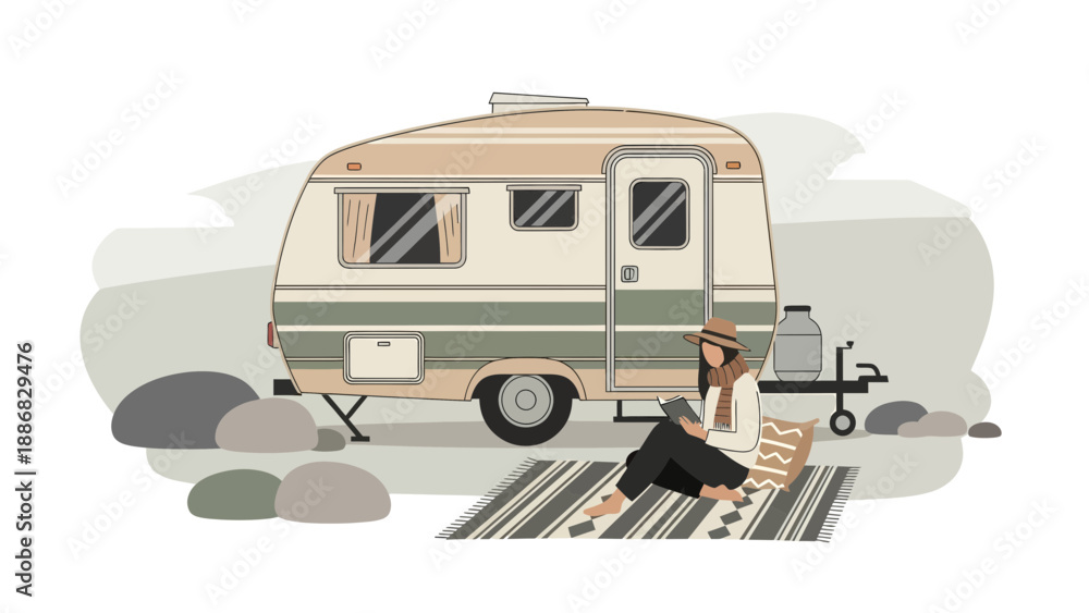 Obraz premium Retro Caravan Retreat Enjoying Leisurely Reading Outdoors In Serene Landscape