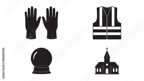 Black silhouettes of gloves vest crystal ball and church building