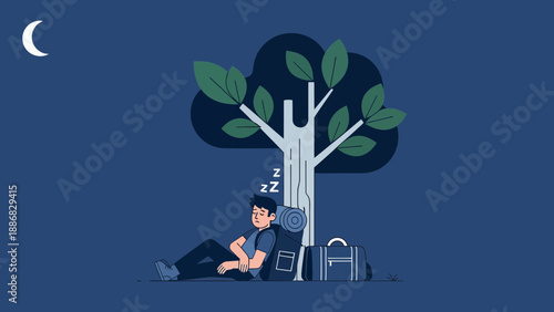 Resting Underneath A Tree At Night Illustration, Vector Illustration Design