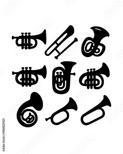 Brass Instrument Silhouette Set – Trumpets, Horns, Trombones, Tubas