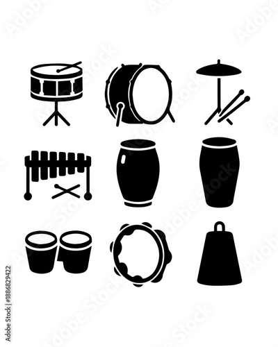 Percussion Instrument Silhouette Set – Drums, Mallets, Bells