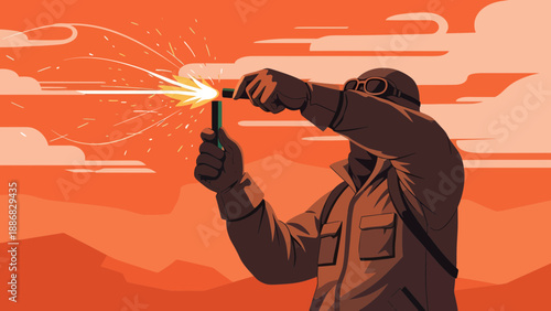 Retro Adventurer Igniting Flare Under Fiery Sky Backdrop For Adventure Travel Concept