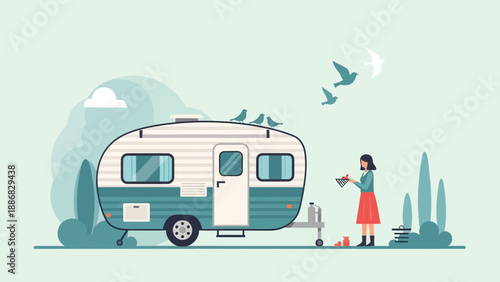 Retro Campervan Trip With Birds And Woman In Nature Illustration