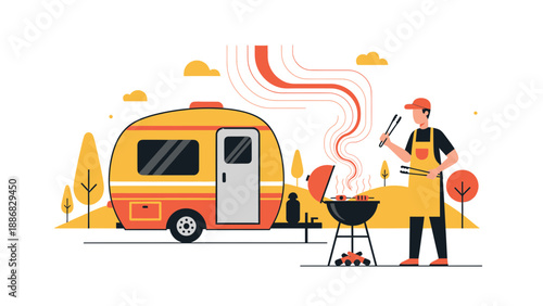 Retro Caravan Camping And Grilling Outdoors Illustration For Summer Vacation Concept