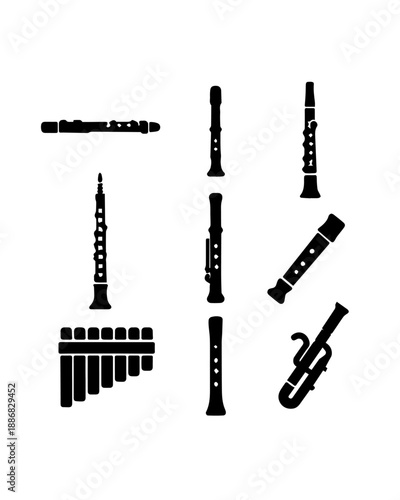 Woodwind Instrument Silhouette Set – Clarinets, Bassoons, Flutes, Panpipes
