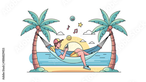 Relaxed Young Man In Hammock With Smartphone Under Palm Trees On Beach