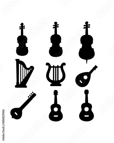 Global String Instrument Silhouette Set – Bowed, Plucked, Fretted Icons