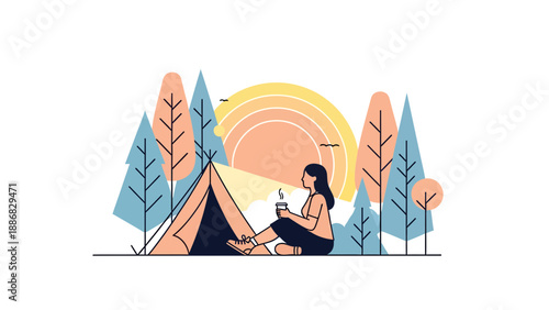 Relaxing Adventure Woman At Camping Nature In Forest Landscape With Morning
