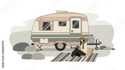 Retro Caravan Retreat Enjoying Leisurely Reading Outdoors In Serene Landscape