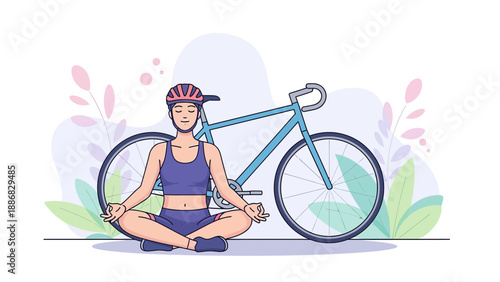 Relaxing After Cycling Beautiful Woman Meditating near Bicycle after Active Sport