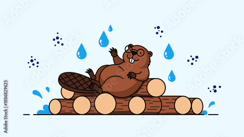Relaxing Beaver Cartoon Character On Logs With Water Drops And Blue Background