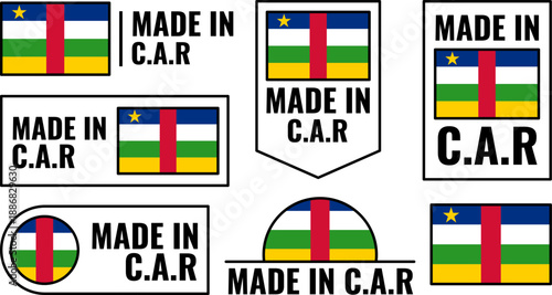Icons set representing made in Central African Republic products with flags and text