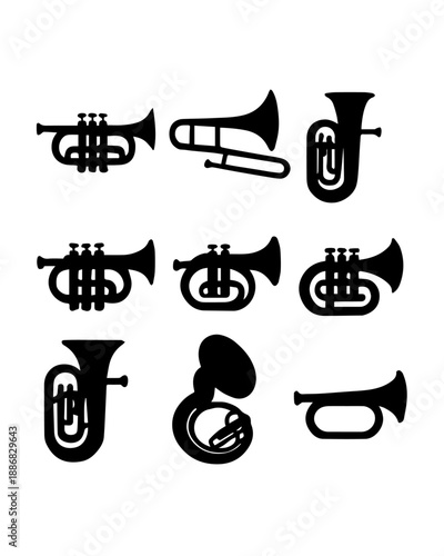 Brass Instrument Silhouette Set – Trumpets, Horns, Trombones, Tubas