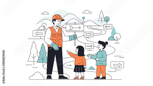 Road Worker Helping Children Find Their Way On A Journey Or An Adventure