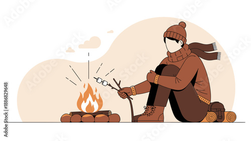 Roasting Marshmallows Over A Campfire On Cold Winter Vacation Holiday Trip