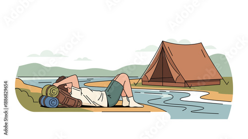 Relaxing Camper After a Hike by Lakeside With a Tent and Mountain View