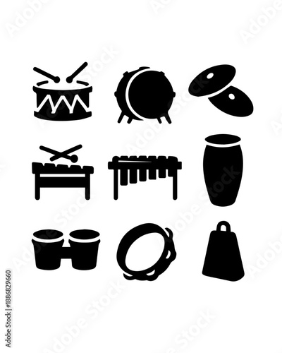 Percussion Instrument Silhouette Set – Drums, Mallets, Bells