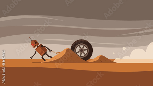 Robot Struggle In Desert Scene With Tire Illustration For Technology Concept