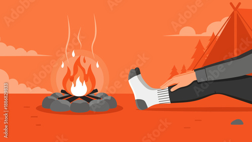 Relaxing Evening Near Campfire Illustration With Tourist Camping Tent And Socks