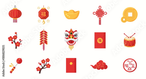 Chinese New Year Icons: Lanterns, Dragon, Firecrackers, Lucky Charms, Red Envelopes