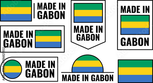 Made in Gabon icons set shows different emblems for Gabon products in various designs