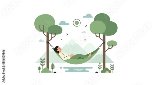 Relaxing Getaway In Nature Woman Resting In Hammock Under The Trees