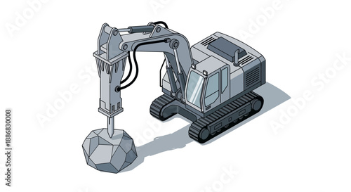 Robust Construction Excavator Breaking Solid Stone With Its Attached Demolition Hammer