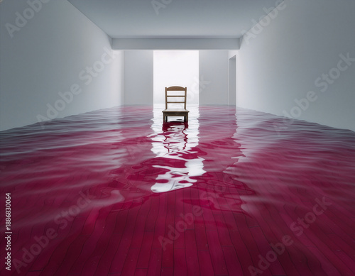 Empty Chair in Flooded Minimal Room, Surreal Concept of Silence and Psychological Isolation