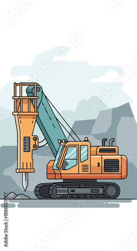 Robust Construction Excavator With Hydraulic Hammer Breaking Ground Industrial Scene Vector Art