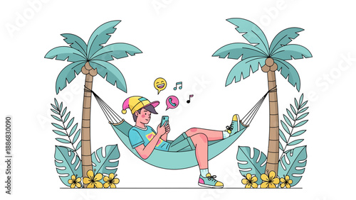 Relaxing In Hammock With Phone During Vacation Time At Tropical Island