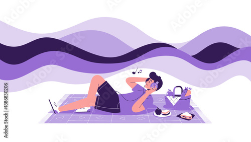 Relaxing Man Listening To Music During Outdoor Picnic In Summer Graphic Style