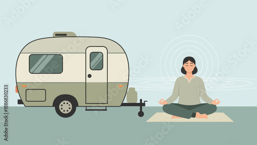 Relaxing Mindful Woman Meditating Near Retro Camper During Camping Holiday