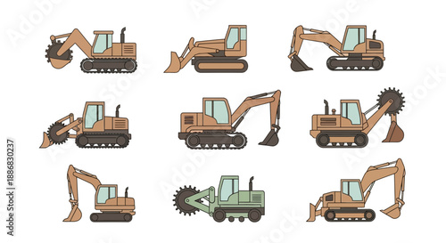 Robust Construction Vehicles Set Earthmoving Equipment Digger And Loader Icons Pack