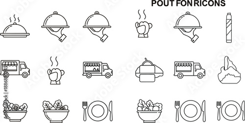 Black and white food with serving dishes and utensils line food serving dishes plates bowls