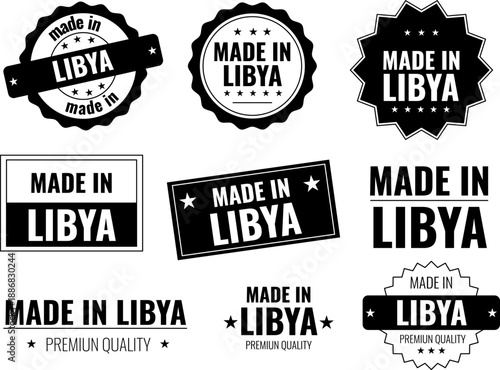 Collection of made in Libya labels showing various designs and styles for product emblems