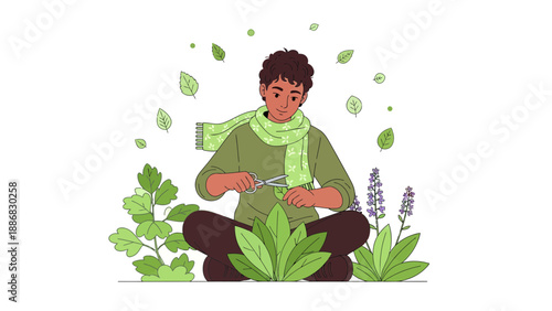 Relaxing Moment With Plants Young Man Gardening And Surrounded By Greenery