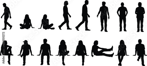 Collection of diverse male and female silhouettes in various casual poses including walking sitting and resting isolated on white background for lifestyle and urban design