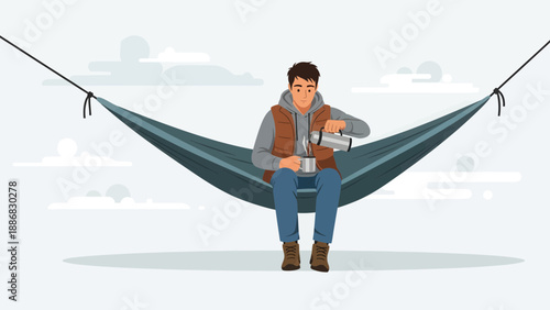 Relaxing Moments Man Enjoying Hot Beverage In Hammock With Cloudy Backdrop