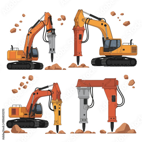 Robust Demolition Equipment Excavators With Hydraulic Breakers And Rocks Illustrated Vector Set