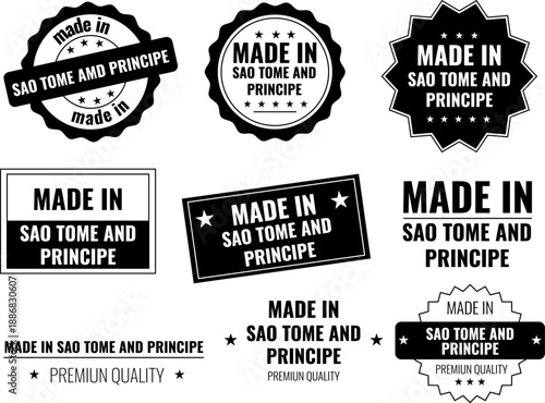 Set of Sao Tome and Principe product labels with different designs and text styles