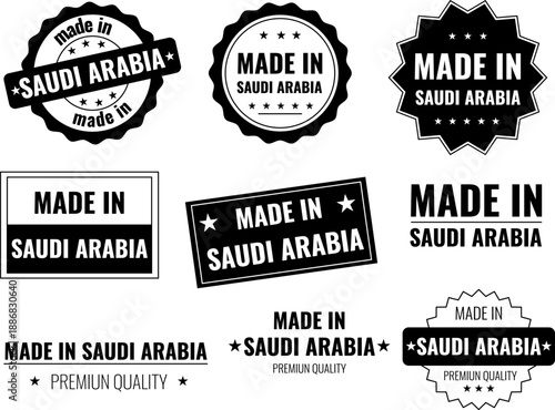 Product emblems showing made in Saudi Arabia labels with different designs and styles