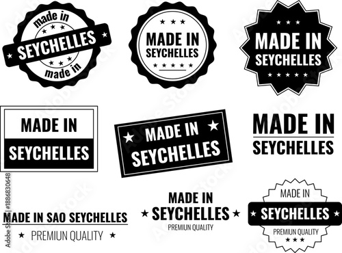 Seychelles product emblems featuring made in Seychelles labels for local goods and services