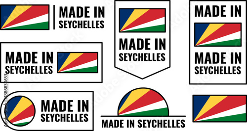 Collection of Made in Seychelles icons featuring bright colors and design elements on flags